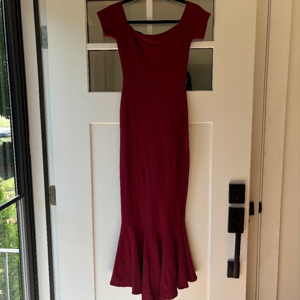 Lulus "How Much I Care" Wine Red Off-the-Shoulder Midi Dress